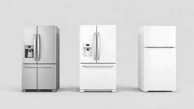 Ilustração digital mostrando os principais tipos de geladeiras inverter: French Door, Side by Side e Duplex, lado a lado para comparação.