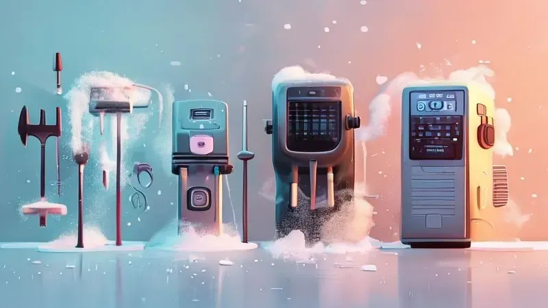 Representação visual dos três métodos principais de degelo de geladeiras: manual, seco e ciclo automático