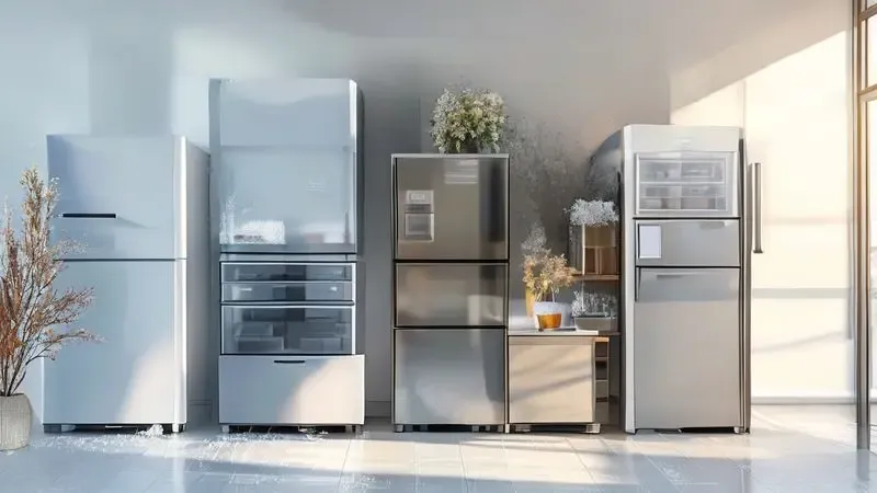 Conceito ilustrativo de diferentes formatos de geladeira frost free em ambientes domésticos variados
