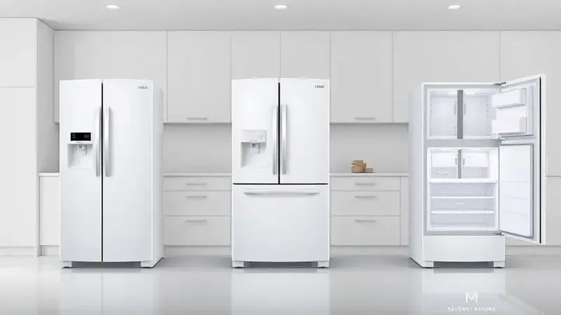 Comparativo visual de três tipos de geladeiras: uma porta, duplex e inverse (freezer na parte inferior).