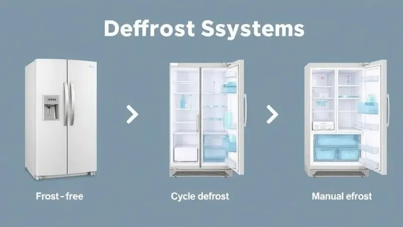 Ilustração conceitual comparando tipos de sistemas de degelo em geladeiras: frost free, cycle defrost e degelo seco