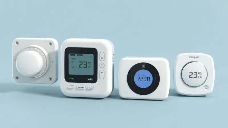 Representação conceitual dos quatro principais tipos de termostato: mecânico, digital, programável e inteligente