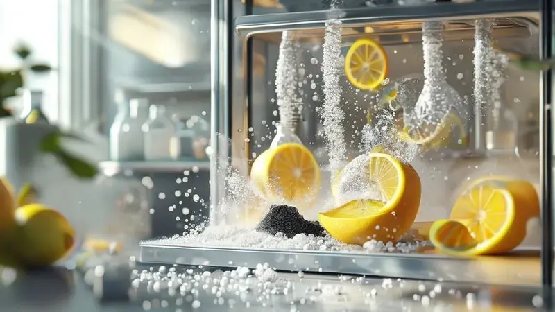 Conceito visual de remoção de odor em freezer usando métodos naturais como bicarbonato e carvão ativado.