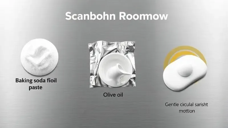 Ilustração conceitual de métodos caseiros para remover riscos superficiais do inox usando ingredientes domésticos.
