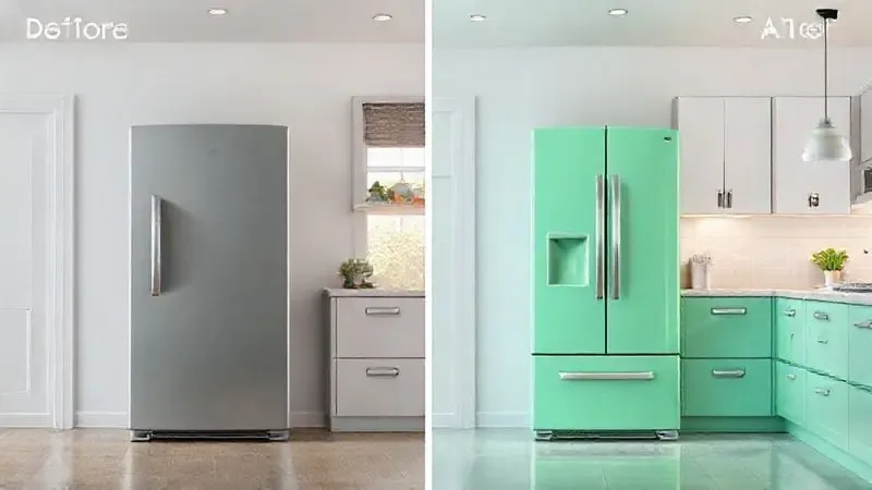 Ilustração conceitual de uma geladeira antiga transformada com pintura spray, simbolizando renovação e economia.