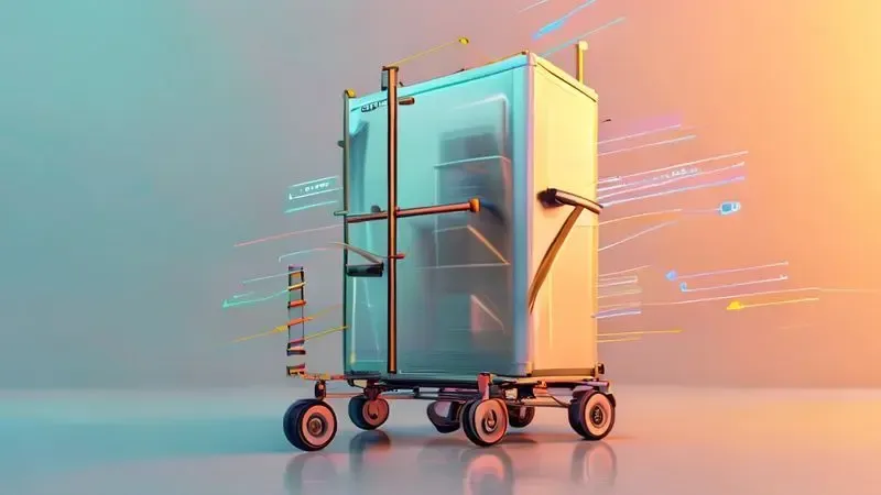 Ilustração 3D conceitual mostrando transporte seguro de geladeira após desligamento