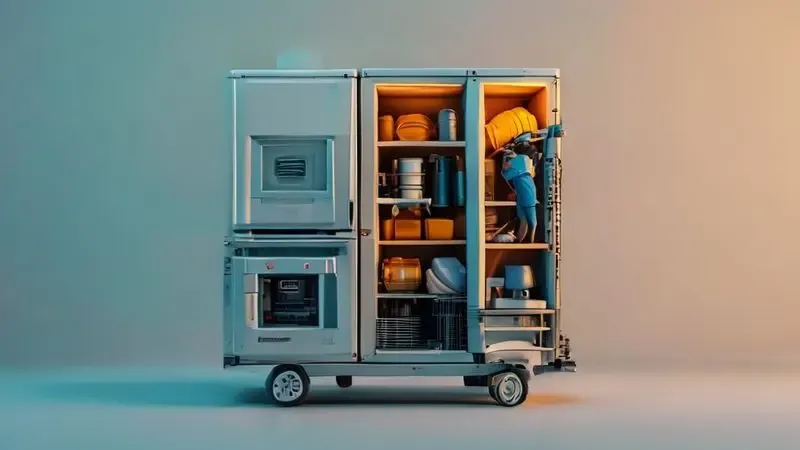 Ilustração conceitual mostrando geladeira deitada em transporte e componentes internos que podem ser afetados