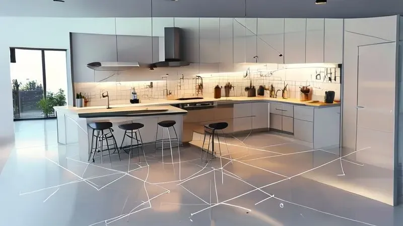 Diagrama ilustrativo do triângulo de trabalho otimizado em layout de cozinha com pontos principais conectados.