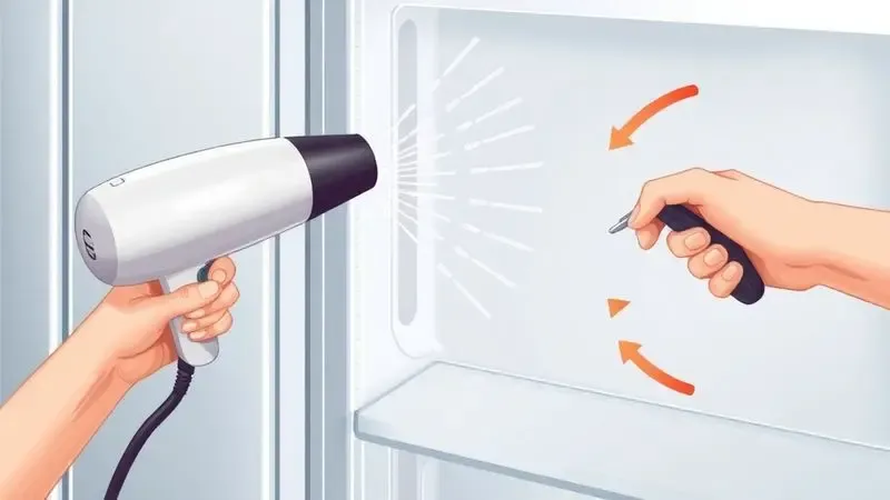 Ilustração demonstrando técnica com secador de cabelo para reparar borracha da geladeira