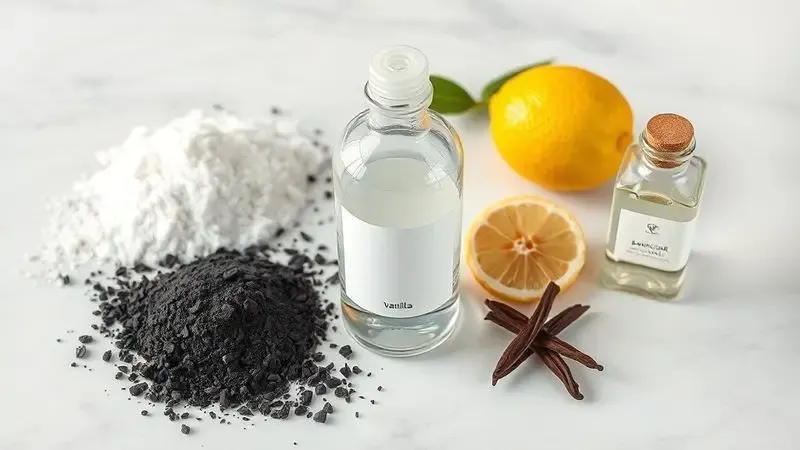 Composição artística com ingredientes naturais para absorver odores na geladeira como bicarbonato, carvão e vinagre.