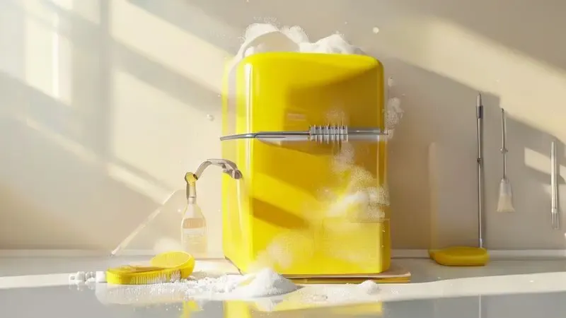 Ilustração conceitual do processo de remoção de amarelado e recuperação da cor branca da geladeira.