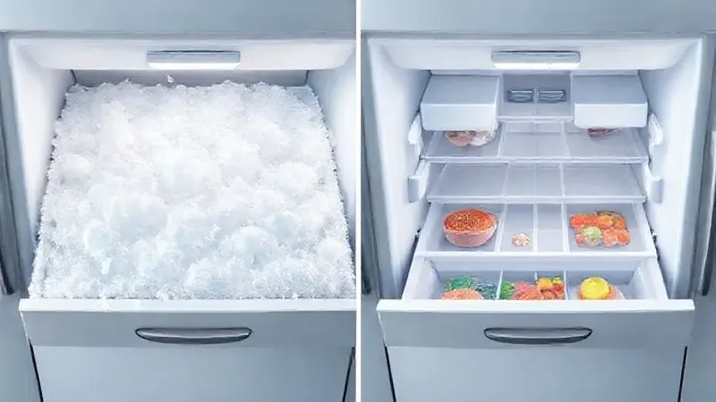 Ilustração comparativa mostrando a vantagem de um freezer Frost Free, limpo e organizado, versus um com acúmulo de gelo.