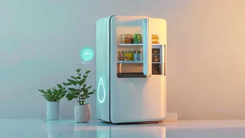 Ilustração conceitual das vantagens de geladeira compacta: economia de energia e praticidade no acesso a alimentos frescos.
