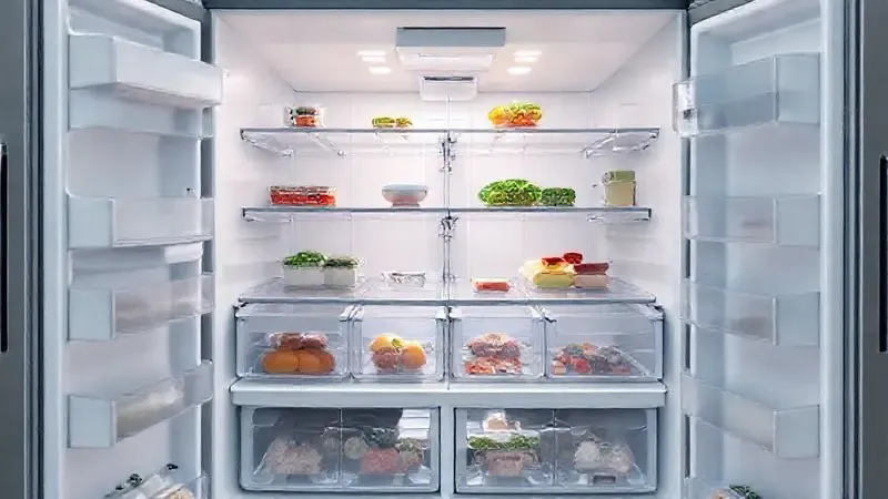 Render 3D mostrando a organização interna e o amplo espaço de armazenamento de uma geladeira French Door.