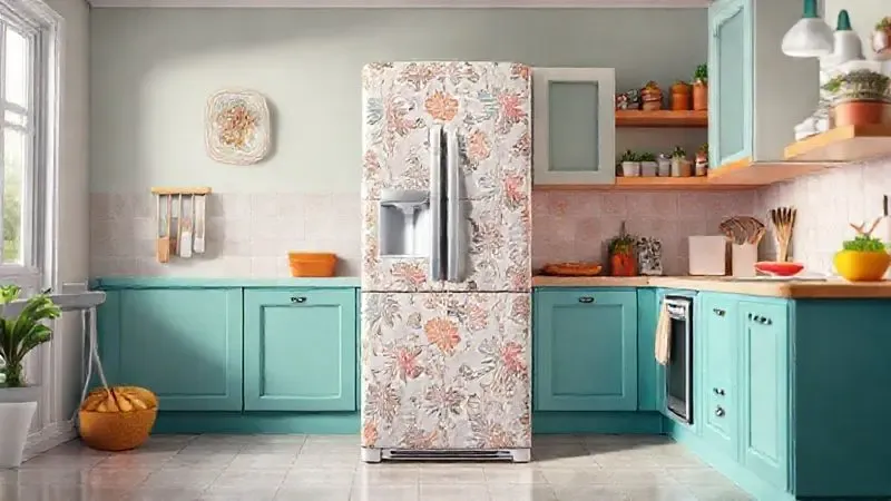 Render 3D das vantagens do envelopamento de geladeira, destacando proteção e design.