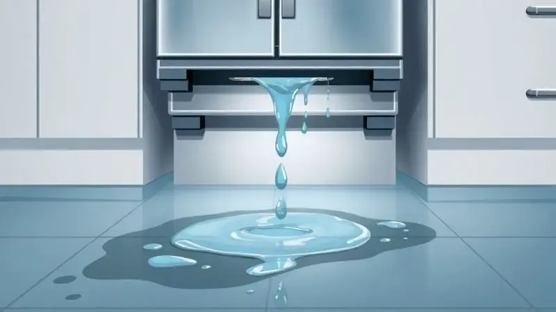 Água vazando de baixo da geladeira formando poça no chão da cozinha