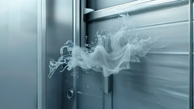 Representação artística do vazamento de gás refrigerante através de um furo no congelador e sua dispersão no ambiente.