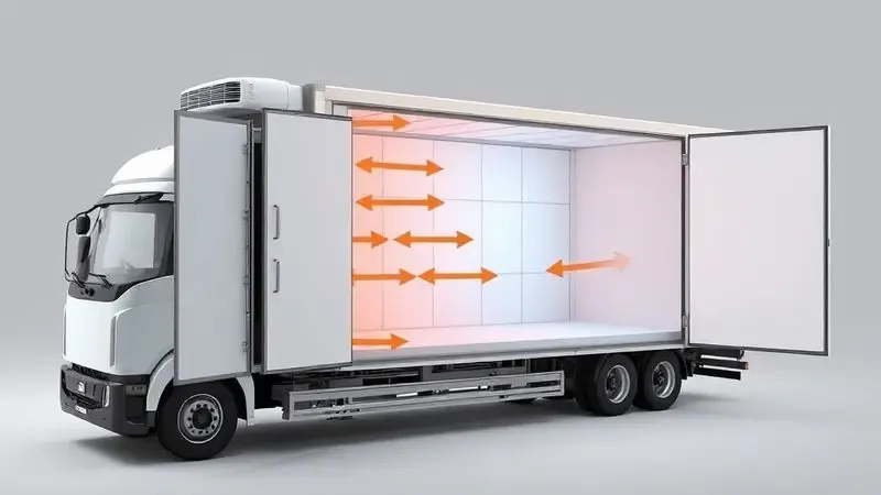 Ilustração de fluxo de ar e ventilação adequada ao redor de geladeira para caminhão com setas indicativas.