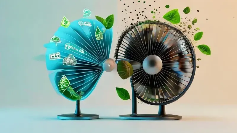 Ilustração conceitual mostrando ventilador limpo beneficiando saúde e economia versus ventilador sujo causando prejuízos