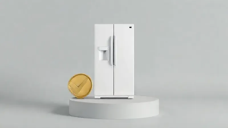 Ilustração 3D simbolizando o veredito final se vale a pena comprar, com um grande selo de aprovação dourado ao lado de uma geladeira.