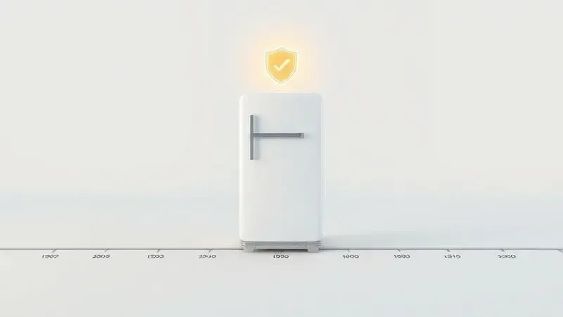 Render 3D conceitual de uma geladeira com um escudo sobre uma linha do tempo, ilustrando a longa vida útil e durabilidade do aparelho.