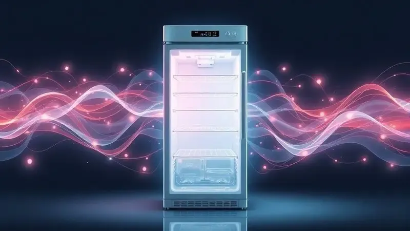 Visualização conceitual de fluxo de energia e eficiência tecnológica em sistema de refrigeração inteligente