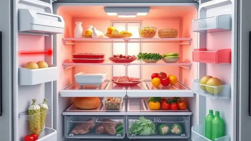 Ilustração conceitual mostrando zonas de temperatura diferentes dentro da geladeira com alimentos organizados corretamente